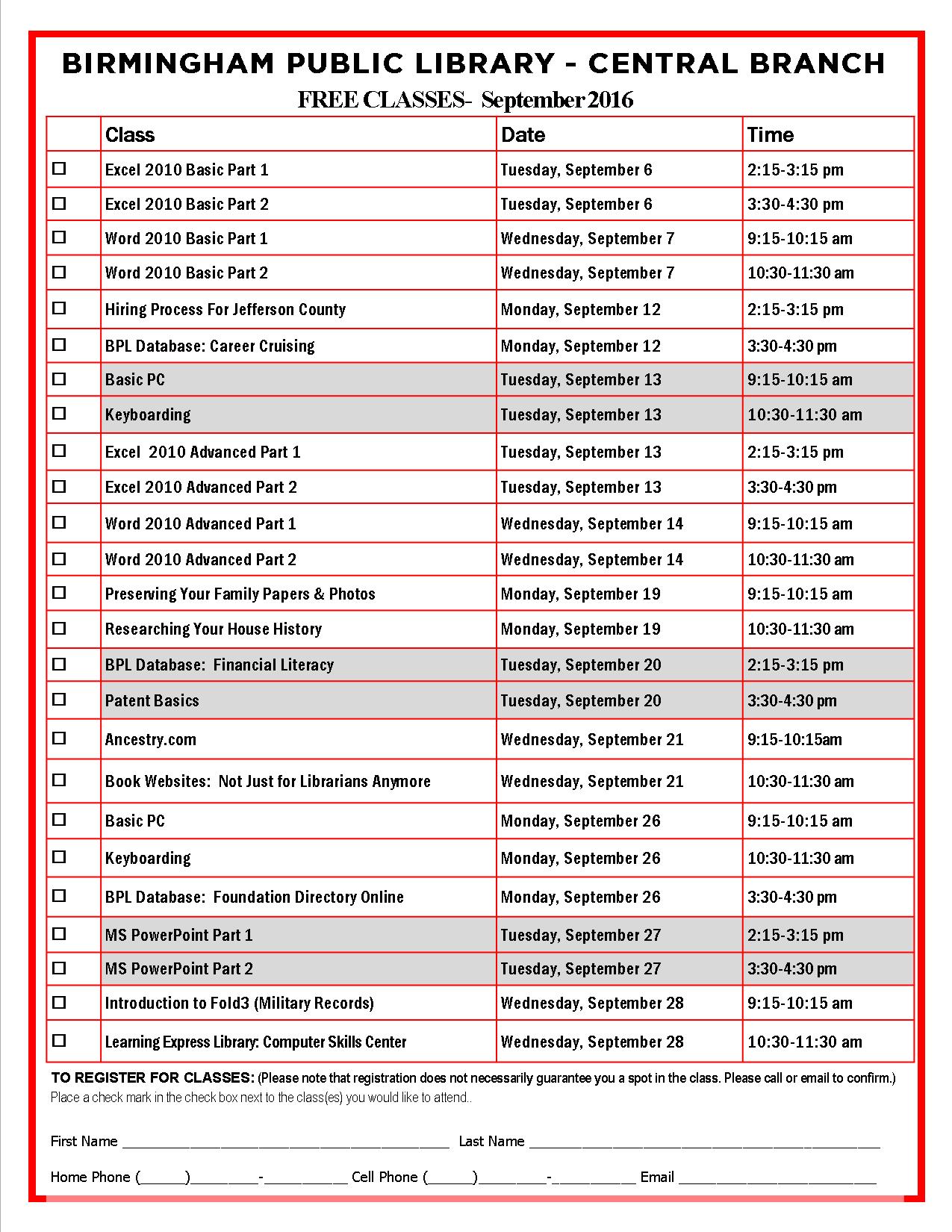 September 2016 Class Schedule
